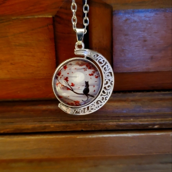 Crescent Moon with A Black Cat Pendant Necklace - Picture 1 of 4